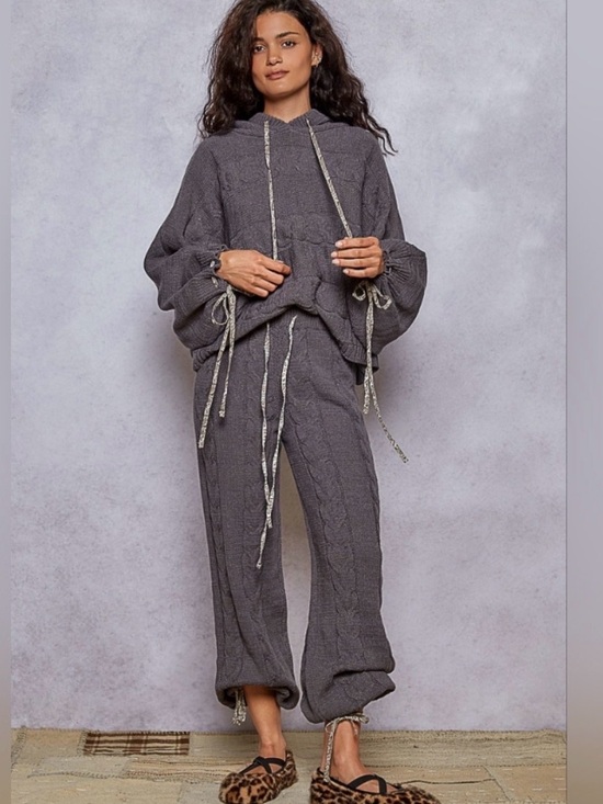 POL Pants - POL Charcoal Gray Cable-Knit Hoodie Sweater Set
